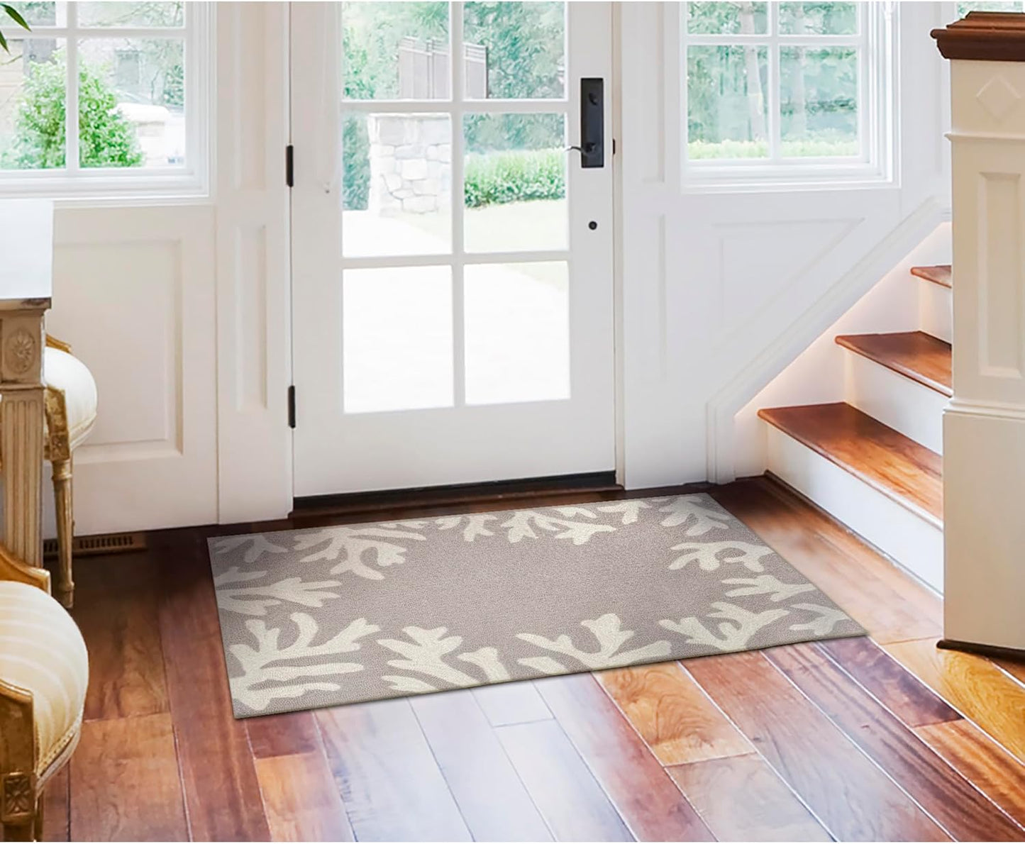 Liora Manne CAPRI Indoor/Outdoor Handmade Synthetic Blend Durable Area Rug - Traditional Border Coastal Beach Accent (Coral Border Silver) (2' x 3')