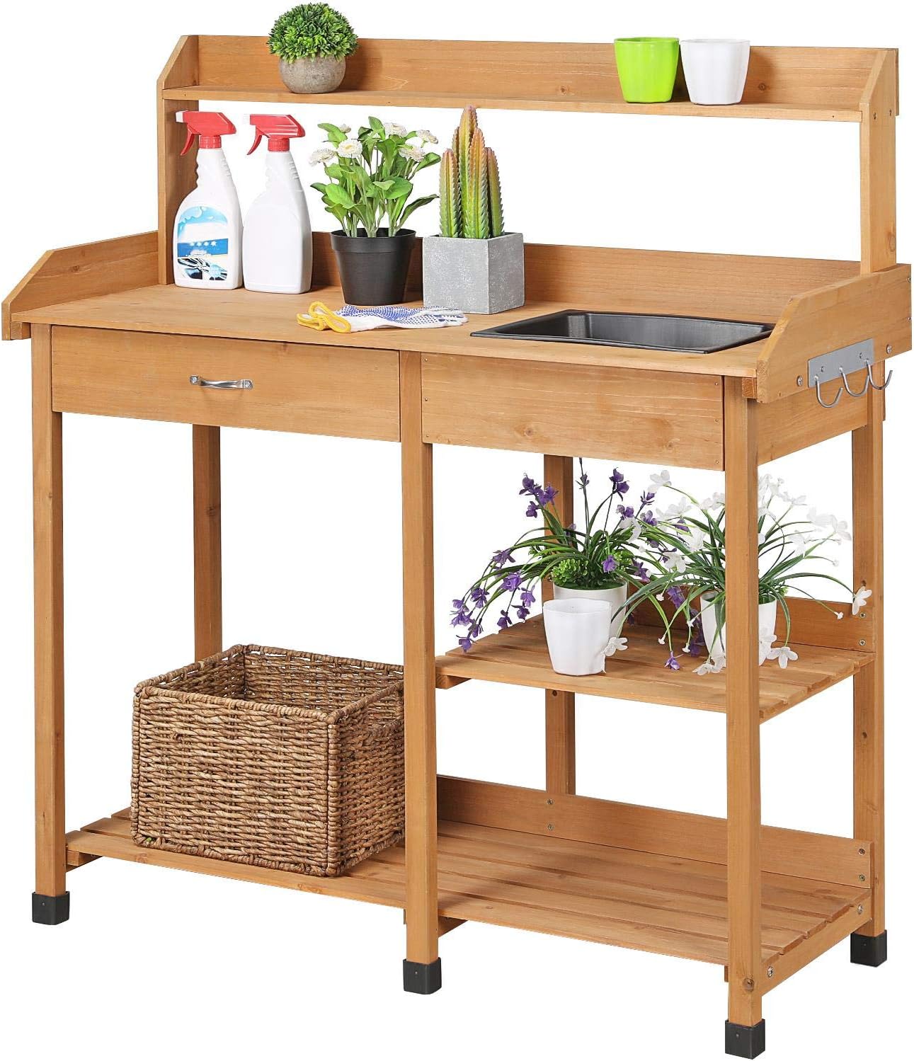 Yaheetech Potting Bench Outdoor Garden Work Bench Station Planting Solid Wood Construction for Horticulture w/Sink Drawer Rack Shelves Natural Wood