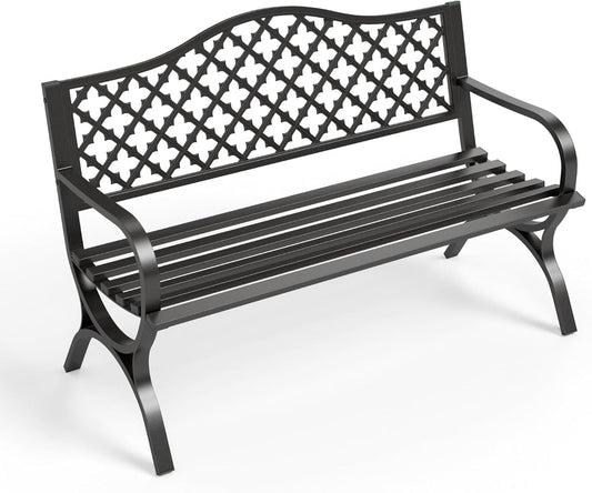 Sophia & William Outdoor Bench, 50 inches Metal Garden Bench, Cast Iron Park Benches for Outside with Floral Backrest and R-Shaped Legs for Porch Yard Lawn Deck, Black