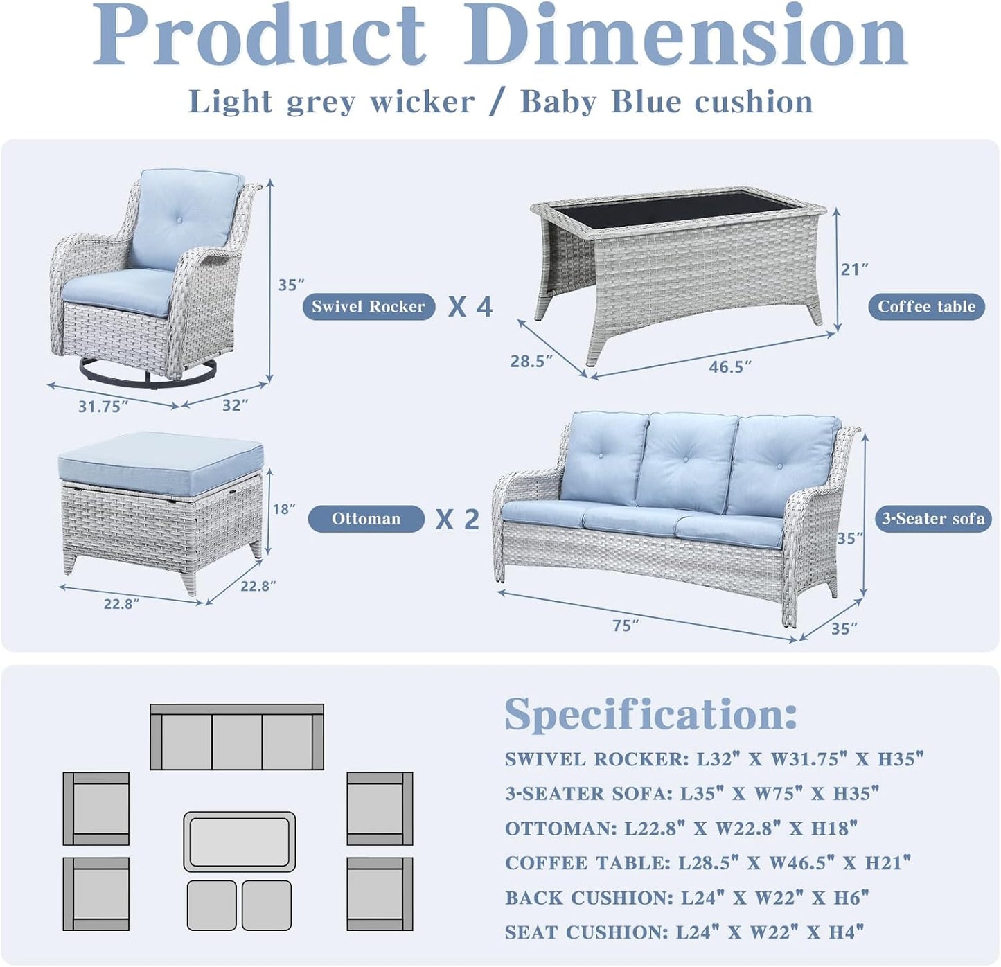 Wicker Patio Furniture Sets - 8 Piece Outdoor Rattan Furniture Conversation Sets with 4 Swivel Rocker Chairs, Rattan Sofa, Wicker Ottomans and Coffee Table, Light Grey/Baby Blue