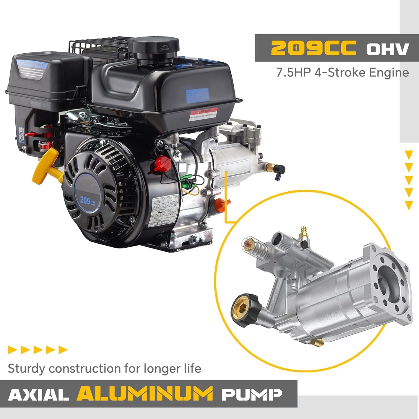 3500 PSI Gas Pressure Washer, 2.3 GPM High Power Washer with 209CC Engine, 25FT Hose, 4 Quick-Connect Nozzles, for Cleaning Walls, Vehicles, Gardens, Driveways, Concrete(Orange)