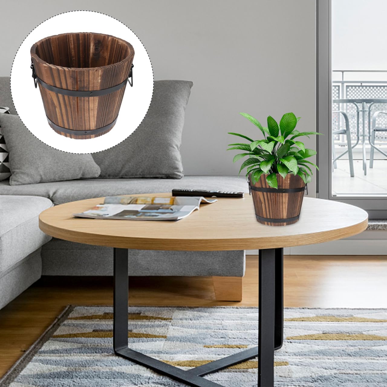 Wooden Barrel Flower Pot - Rustic Planter for Indoor & Outdoor Use with Drainage Holes - 7 Inch Brown Planter for Decorative Plants & Vegetables