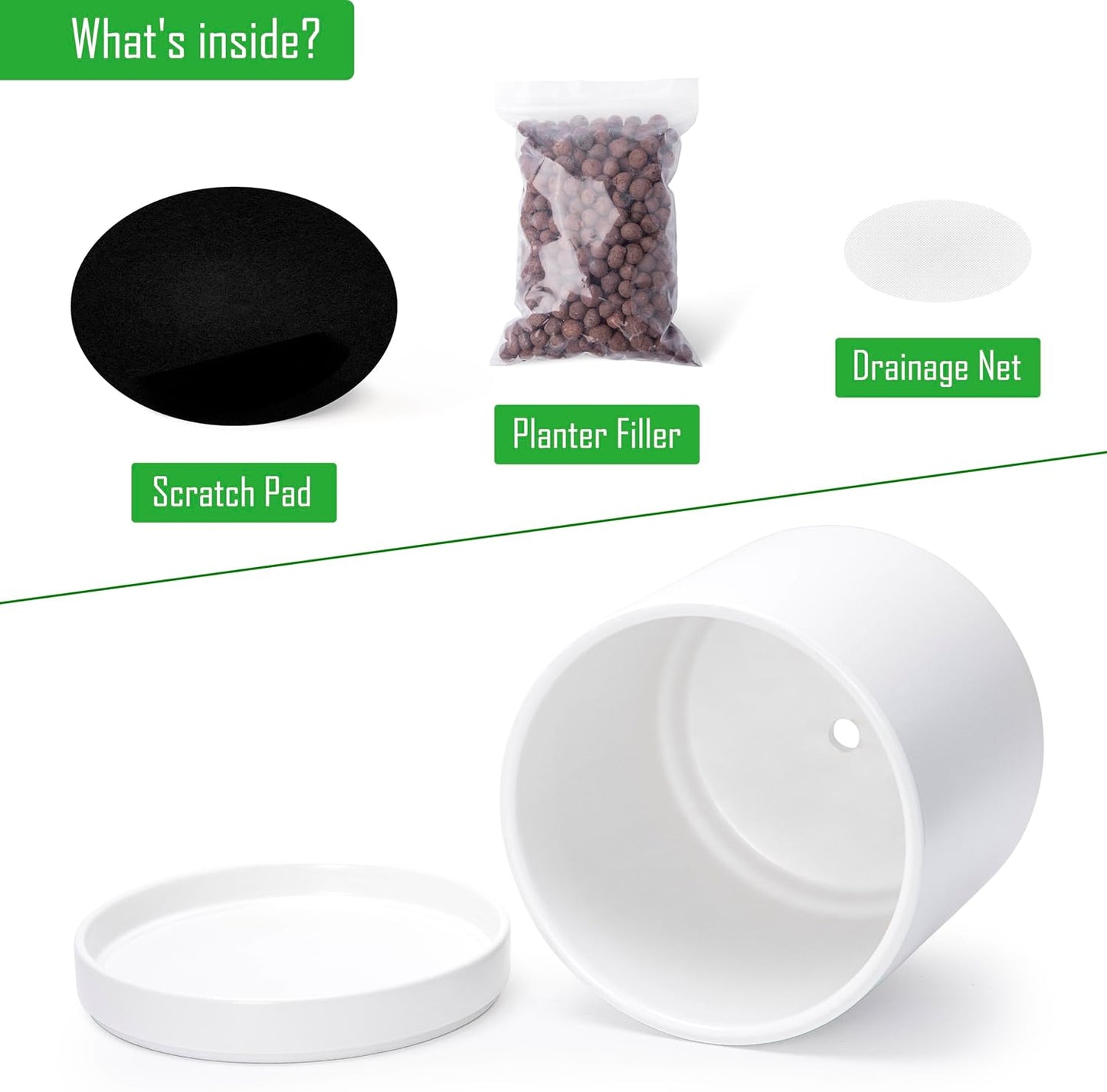 D'vine Dev 6 Inch & 8 Inch & 10 Inch, Set of 3 Round Ceramic Planter Pot with Drainage Hole and Saucer, White, 94-T-L-1