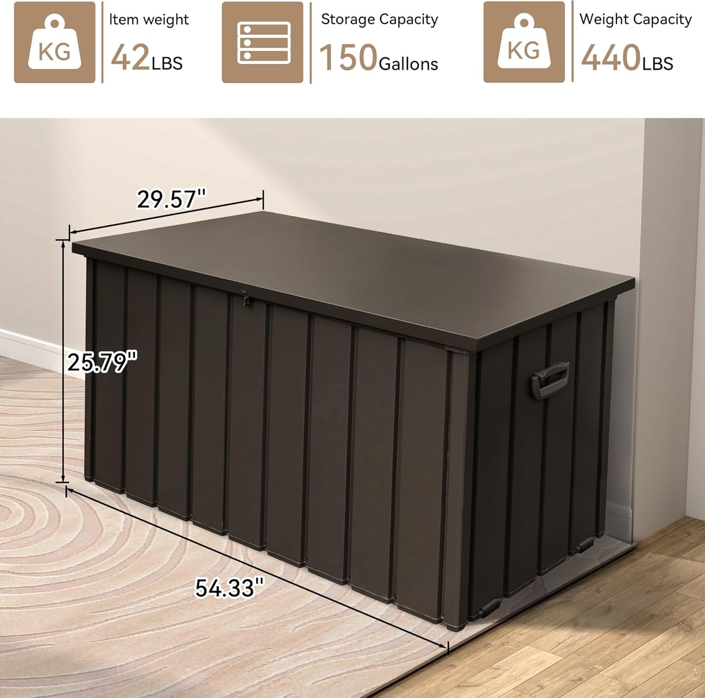 150 Gallon Large Outdoor Storage Box Metal, Waterproof Deck Box for Patio Cushion, Outside Storage Cabinet Rust/UV Resistant, Lockable Garden Tool Storage Bin for Porch Package Delivery, Brown