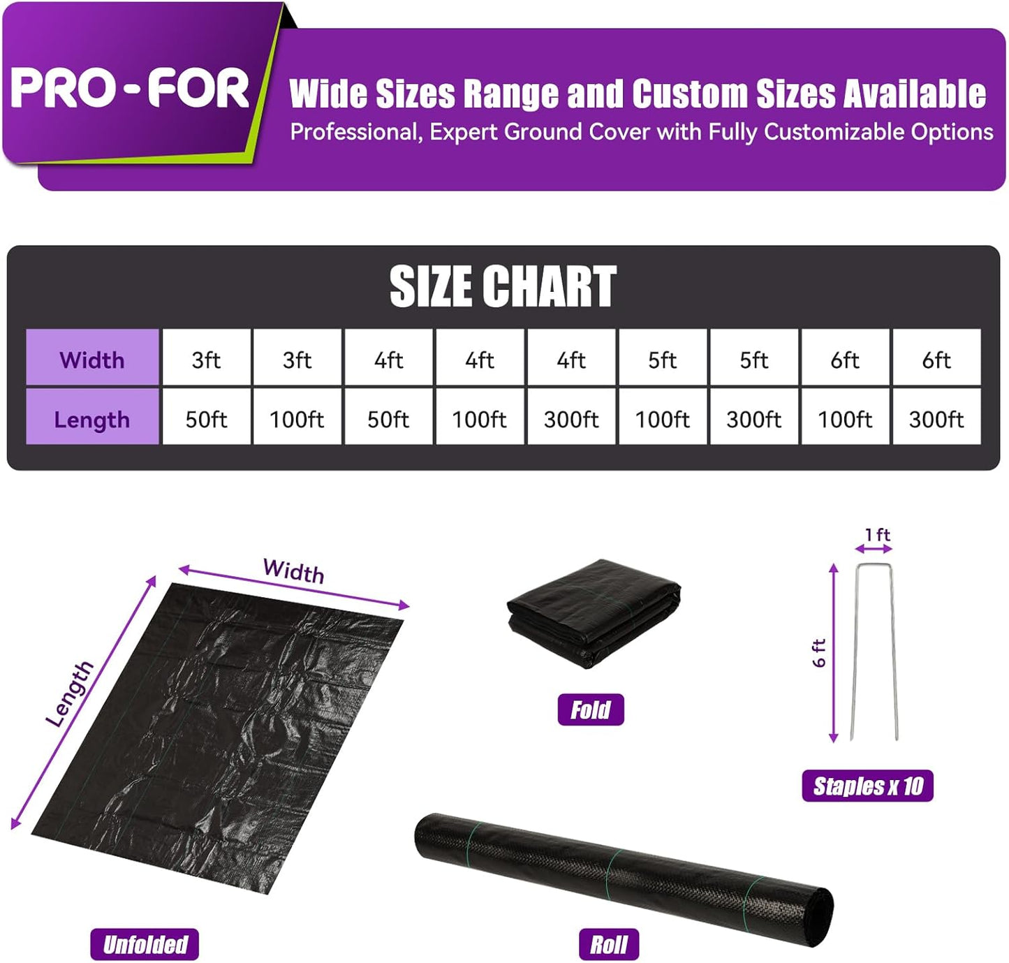 Heavy Duty Weed Barrier Fabric 3ft x 50ft, Landscape Ground Cover for Gardens & Driveways, Premium Weed Control with 10 U Shaped Staples