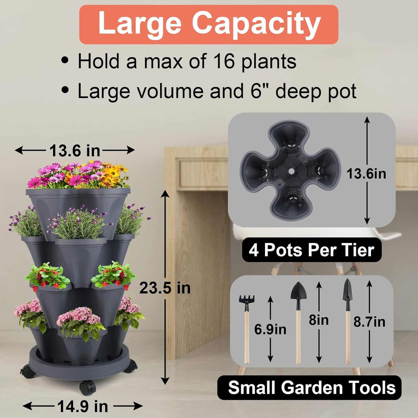 DUNCHATY Stackable Planter, Vertical Garden Planter with Wheels and Tools, Self Watering Strawberry Planter Indoor/Outdoor 4 Tier Herb Planter Pots for Growing Vegetables and Succulents, Dark Gray