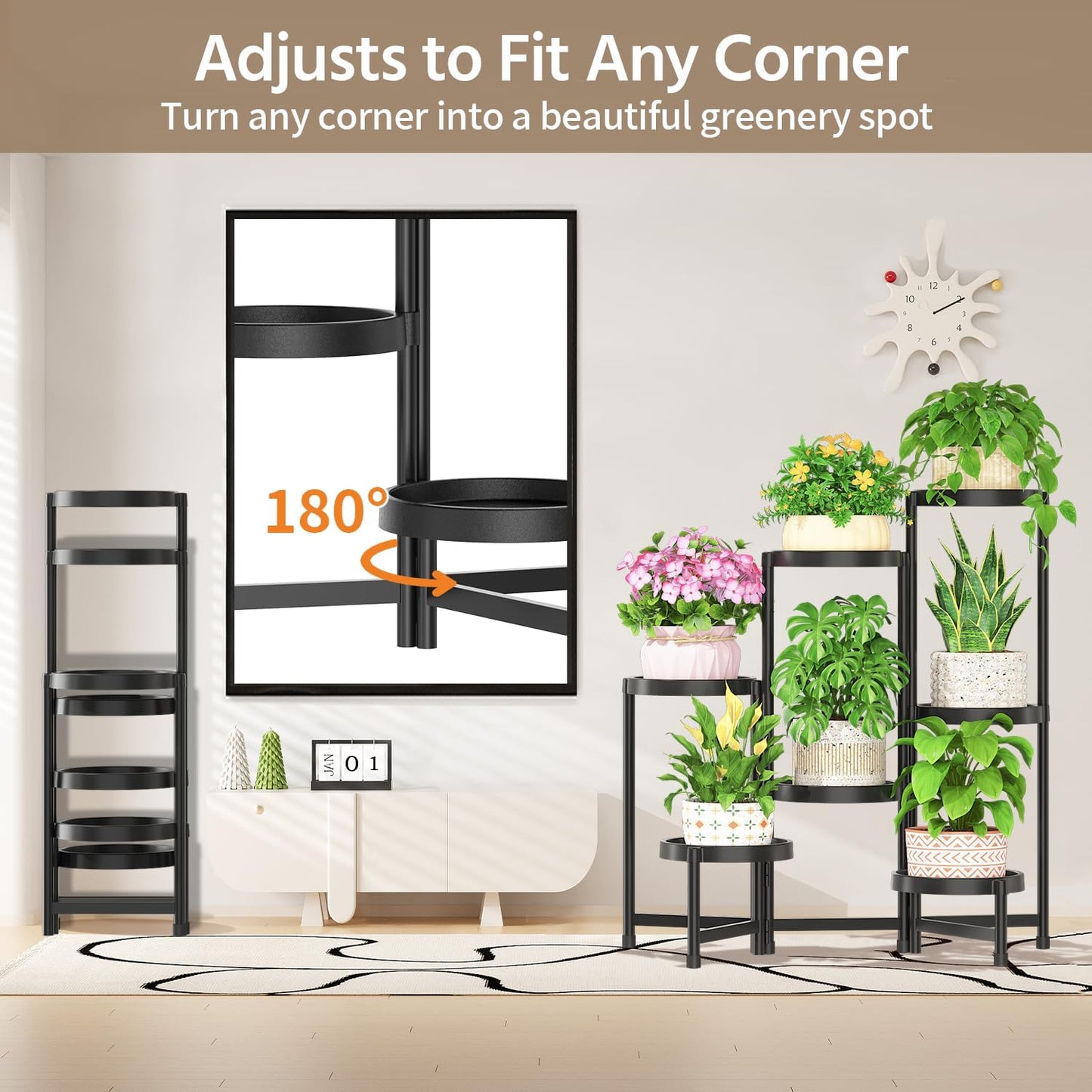 LASZOLA 7 Tiered Folding Plant Stand Indoor for Multiple Large Planter, Tall Heavy Duty Adjustable Rack with Rust Proof Plastic Shelving, Sturdy Vertical Tree Organizer for Narrow Inside Floor, Black