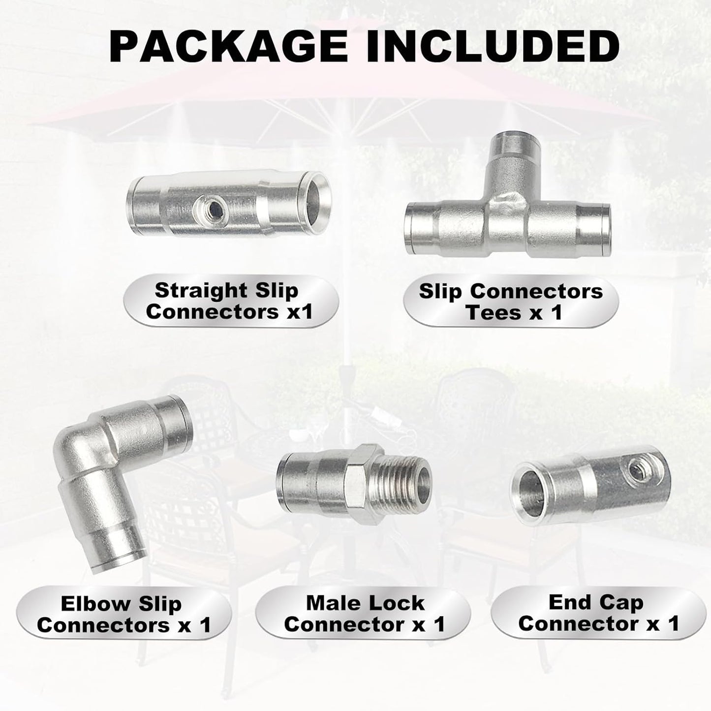 3/8" Brass Slip Connectors Kit for High Pressure Misting System – 5-Piece Brass Misting Nozzle Connectors (Straight, Elbow, Tee, 1/4" Male Lock, End) – 1500 psi