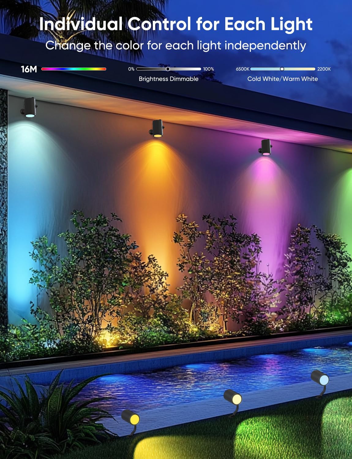 Smart Outdoor Spot Lights 24W, RGBCW Color Changing Landscape Lights 4 Pack, IP65 Waterproof Low Voltage Landscape Lighting, App/Voice/Remote Control, for Garden Yard Pathway Holiday Decor