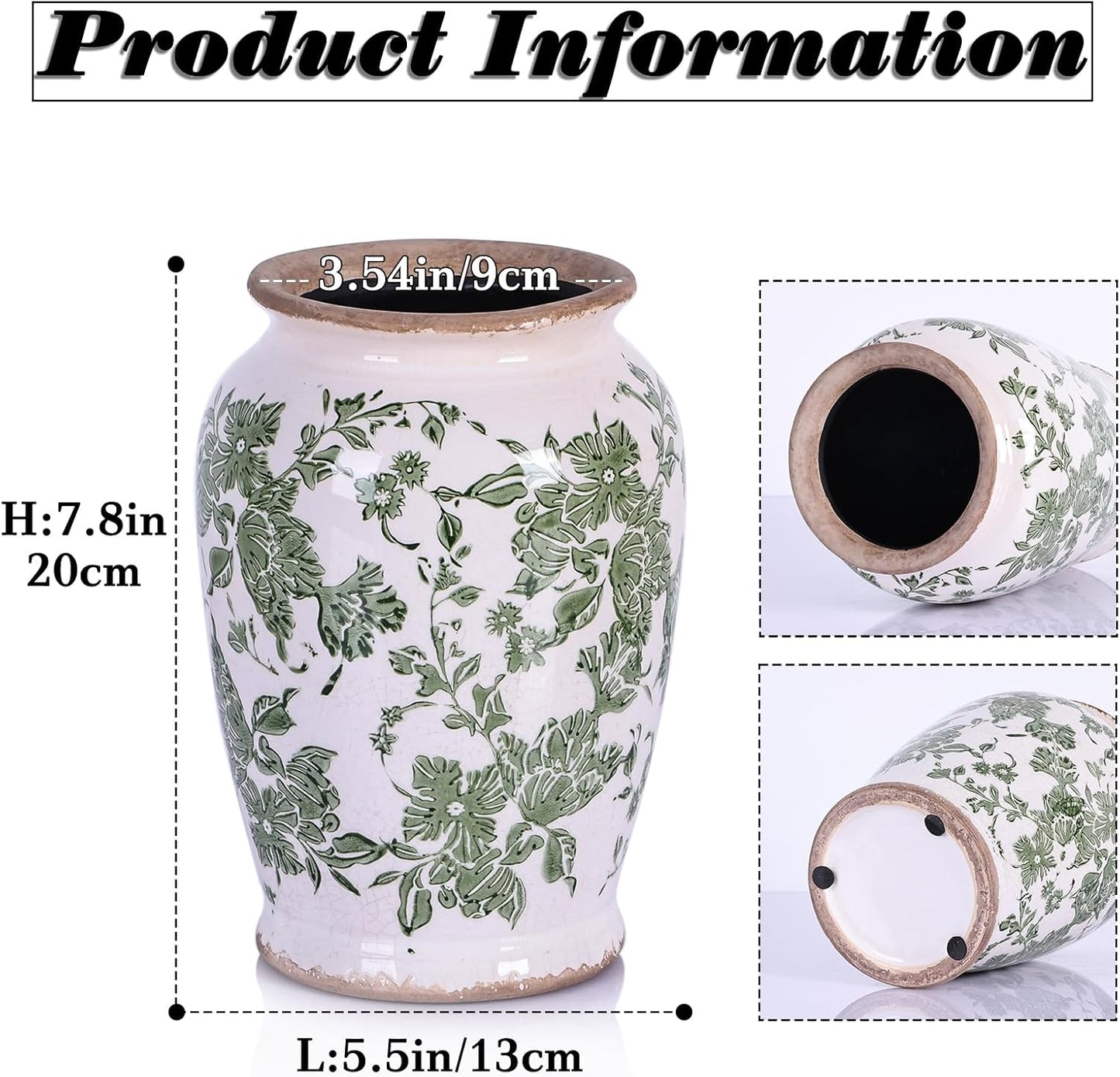 Vintage Vase for Flowers,Green Chinoiserie Ceramic Vase,Rustic Farmhouse Cracked Vases,for Flower Arrangement,Living Room, Office, Shelf, Fireplace Tables,Centerpieces,Chinoiserie Pottery Decor(B)