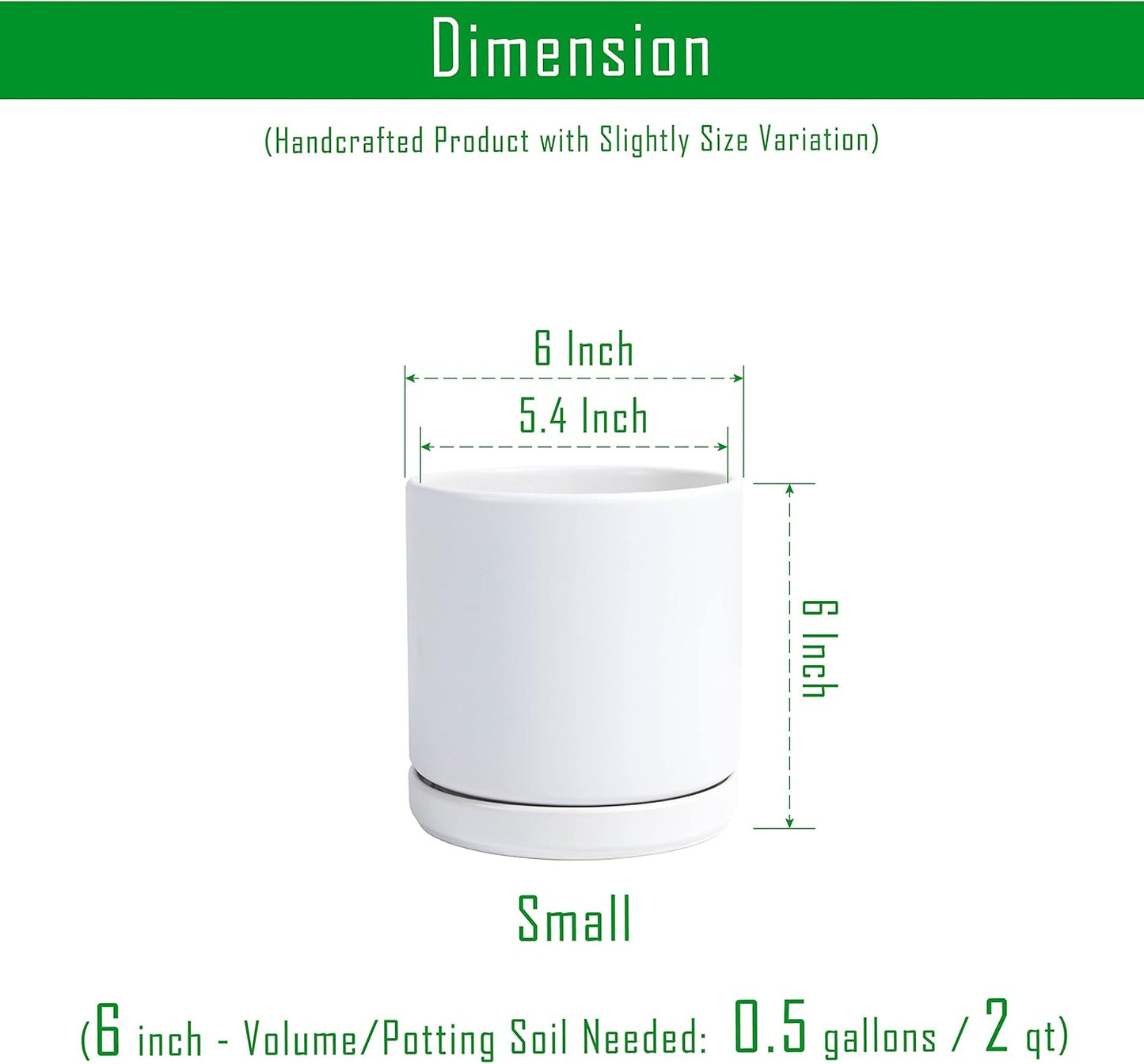 D'vine Dev 6 Inch Ceramic Planter Pot with Drainage Hole and Saucer, Indoor Cylinder Round Flower Pot, White, 94-O-C-1