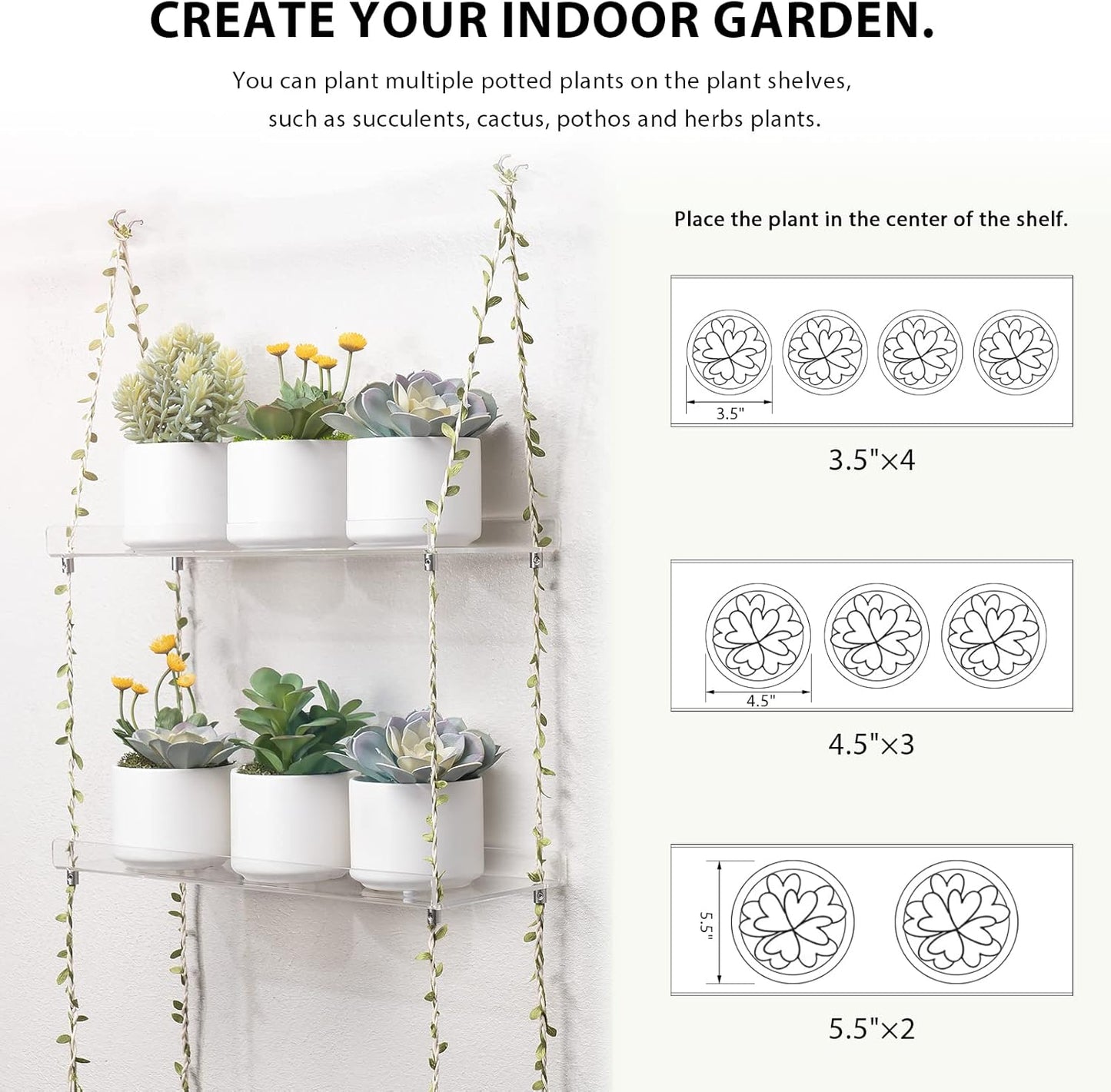 Sumerflos Acrylic Window Boxes Window Plant Shelves 2 Tier - Clear Hanging Shelf Indoor Jute Twine Adjustable Plant Holder for Window Wall Living Room Balcony Natural