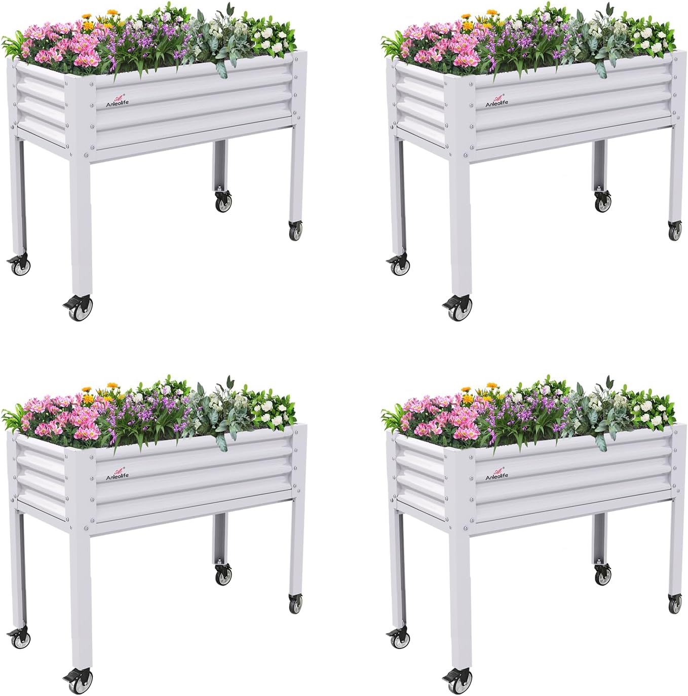 A ANLEOLIFE 4-Set Galvanized Raised Garden Bed with Legs,48x24x35in Large Elevated Planter Box on Wheels with Drainage Holes for Backyard, Balcony, Patio, 600lb Capacity, Antique White