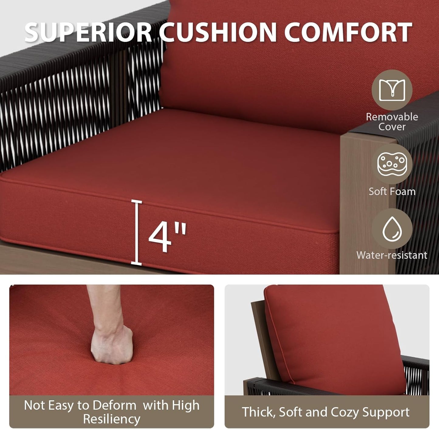 EAGLE PEAK Natural Wood Outdoor Patio Furniture, Cedar Furniture, Conversation Set, Outdoor Seating for Deck Patio Porch, Sofa, 2 Chairs & 2 Ottomans, 5 Pieces, Brown/Red