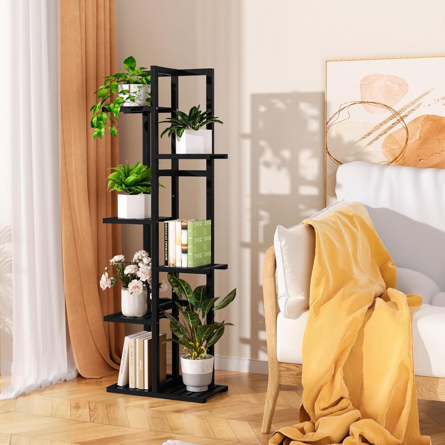 6 Tier Bamboo Plant Stand Indoor, Wood Tall Flower Holder Corner Tiered Plant Shelf for Multiple Plants (Black)