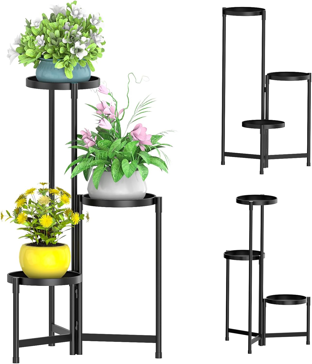 MOKANI Metal Plant Stand Indoor Outdoor for Multiple Plants, 3 Tiered Folding Corner Shelf Tall Flower Pot Holder Display Rack for Patio Living Room Balcony Garden, Black