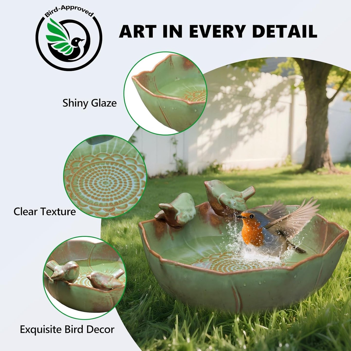 Ceramic Bird Bath for Outdoors, 10.1” Ground Ceramic Bird Baths Bowl for Outside, Garden Table Top Bird Baths Weather Resistant, Birdbath for Deck, Balcony, Lawn