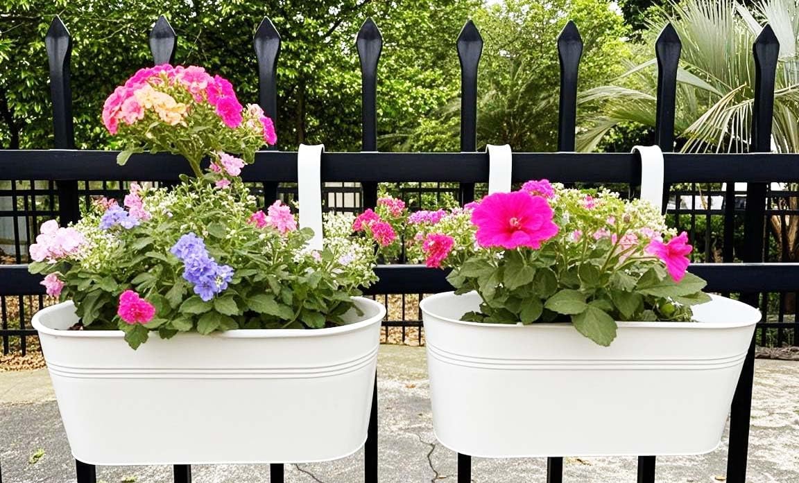 Hanging Planters for Outdoor Plants, 17" Railing Planter Pots, Metal Fence Flower Pot for Porch Balcony with Detachable Hook (White, Pack of 6)
