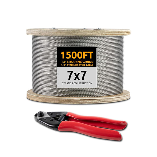 1/8" Stainless Steel Cable, 1500FT Wire Rope with Cutter 7x7 Strand, Aircraft Cable 1800 lb Breaking Strength, Cable for Deck Railing, Fence, DIY Balustrade