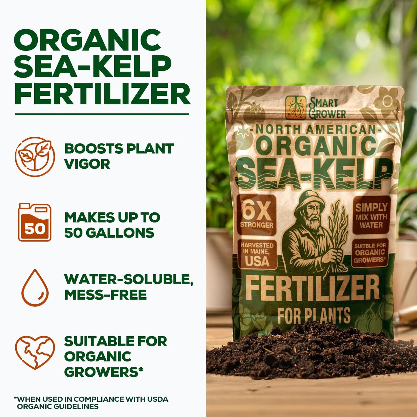 Organic Sea Kelp Fertilizer for Plants – Water-Soluble – Makes 50 Gallons – Kelp Meal Concentrate Plant Food – for Indoor Gardens, Hydroponics, Vegetables, Houseplants - Smart Grower - 2oz Bag