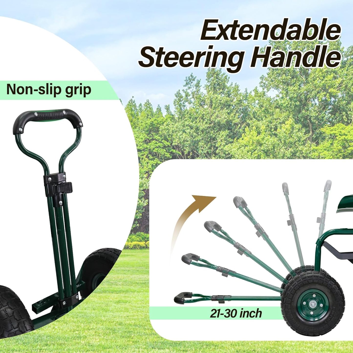 BDL Garden Cart Outdoor Rolling Garden Workseat with Wheels, Heavy Duty Garden Tool Cart with Extendable Handle and Storage for Seniors Yard Gardening Work