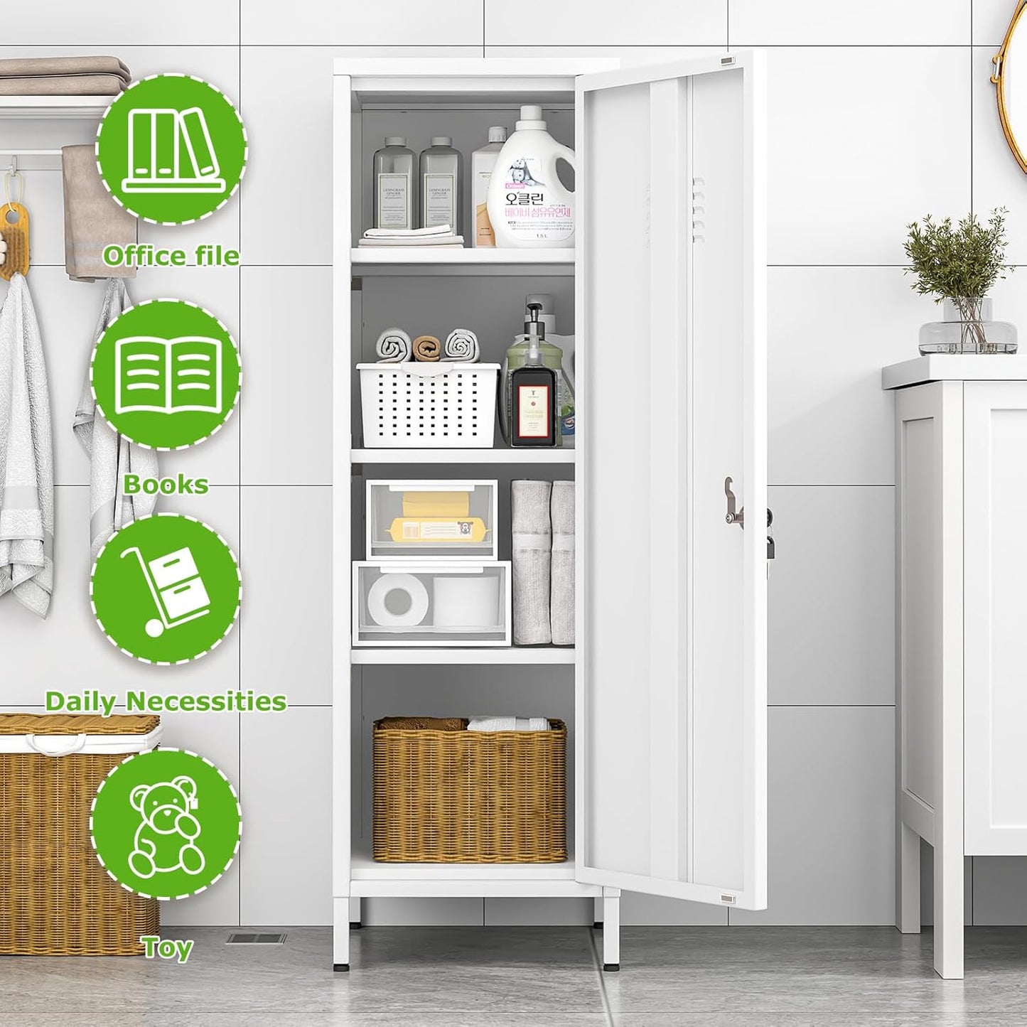 47" Metal Storage Locker, Lockable Employees Metal Locker with Door and Adjustable Shelves, Steel Locker for Home, School, Office, Gym (White)