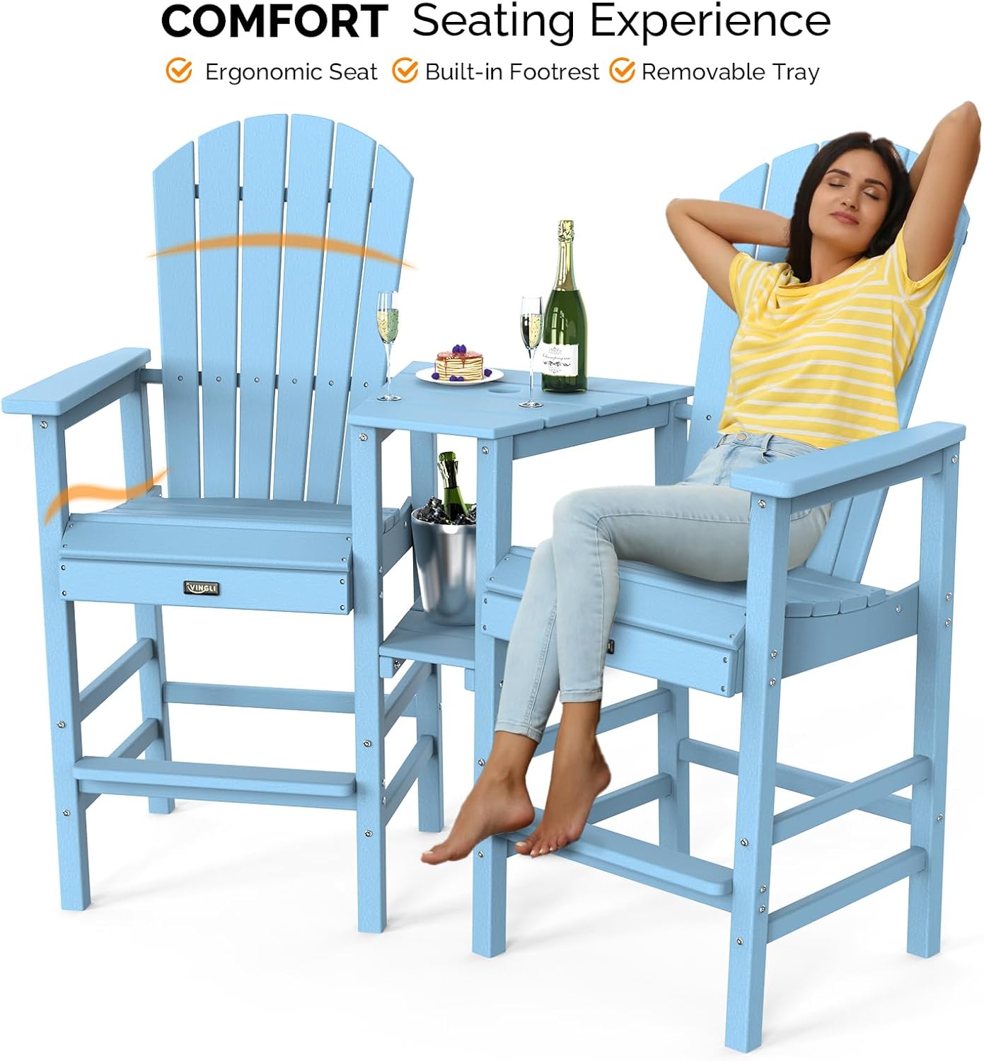 VINGLI Tall Adirondack Chairs Set of 2, HDPE Balcony Chair with Double Connecting Tray Weather Resistant Outdoor Bar Stools for Patio Deck Lawn Pool Backyard (Blue)