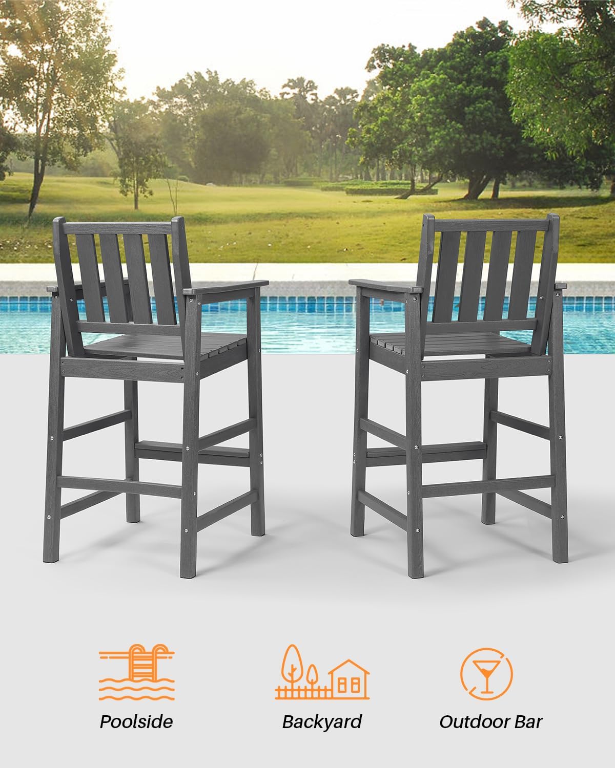 3-Piece Adirondack Chairs and Table Set, HDPE Patio Bar Sets, All Weather Outdoor Bar Stools Set, HDPE Adirondack Bar Height Chairs and Bar Table for Balcony, Pool, Porch, Smoke Gray