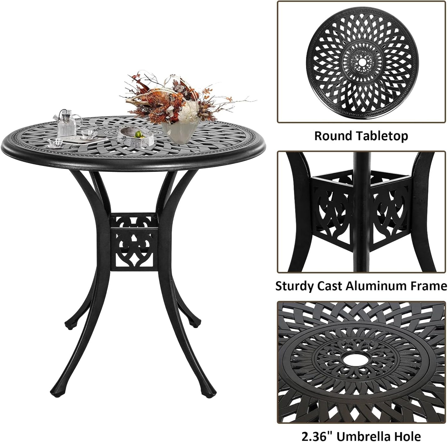 30.31" Outdoor Table and Chairs, Patio Table Set with 2.36" Umbrella Hole, Anti-Resistant Outdoor Dinning Set, Cast Aluminum Patio Furniture Set for Garden, Porch, Deck