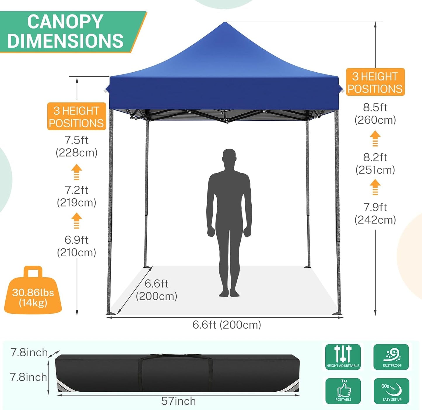 COBIZI 6.6x6.6 Pop up Canopy Tent Heavy Duty Without Sidewalls, Easy Set-up Commercial Outdoor Party Tent, 100% Waterproof Wedding TGazebo, 3 Height Adjustable with Carry Bag, Dark Blue