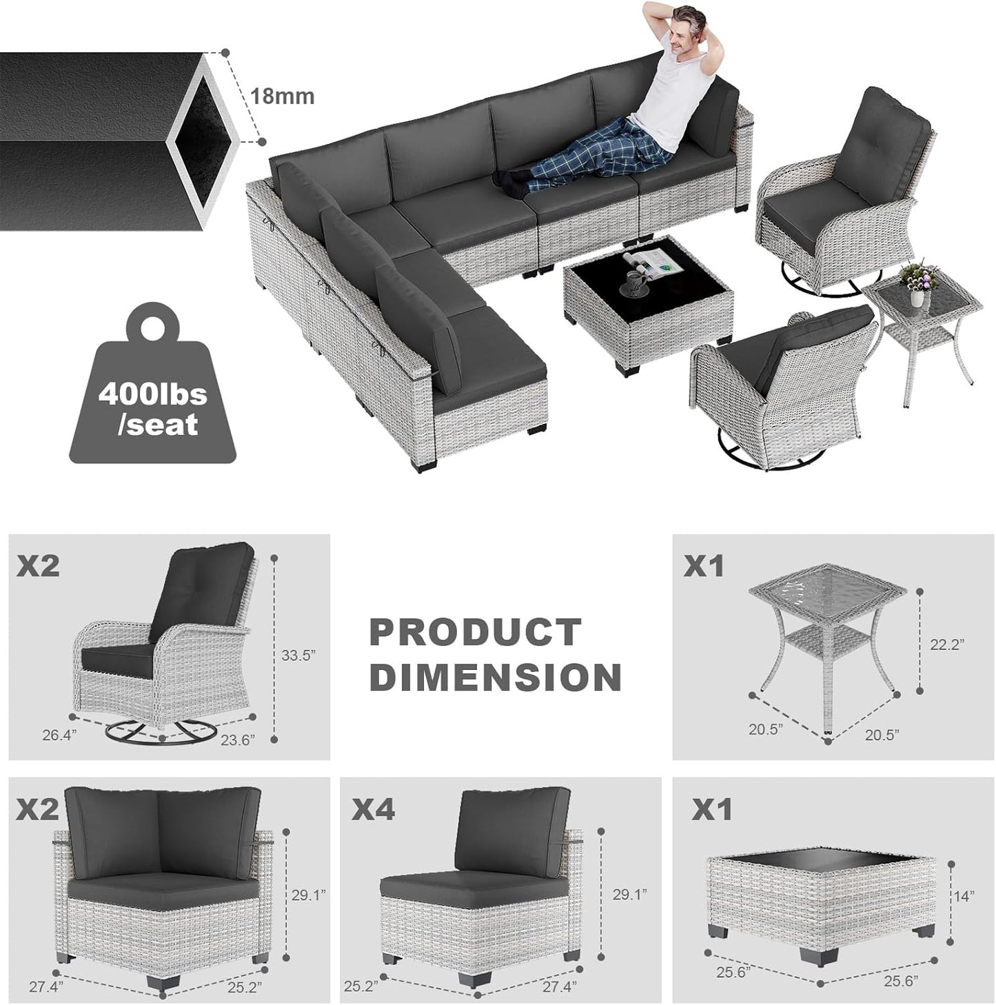 10-Piece Patio Furniture Set, Outdoor Patio Furniture with Swivel Chairs Set, Thick Cushions, Modular Patio Sofa, Dual-Strand Wicker Rattan, Rust-Resistant Frame, Black
