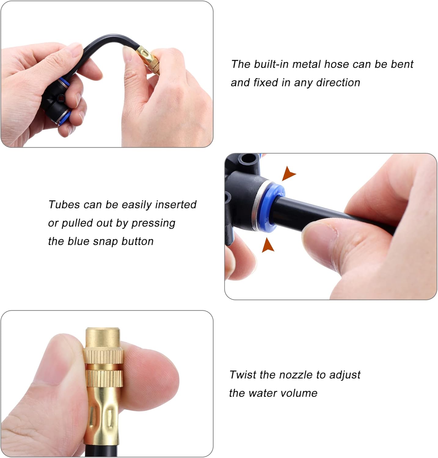 Mornajina 5Packs Brass Misting Nozzles Tee with 4inch Built in Hose for Outdoor Cooling System, Adjustable 360° Rotation, Water Mister Nozzles Thread Sprayer 0.043" (1.1 mm)