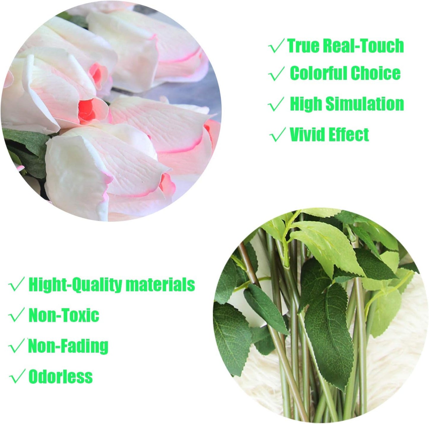 12pcs Real Look Artificial Rose Buds, 22 Inch Real Touch Silk Rosebud, Realistic Design Artificial Flower with Real Feel Petals,Silk Flower Bud for Wedding Home Décor,White with Pink Heart