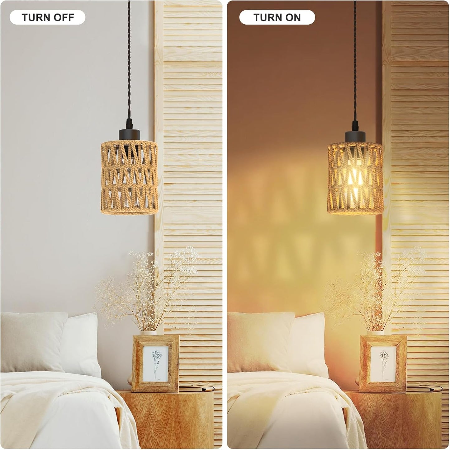 3Packs Boho Rustic Hemp Rope Pendant Light Hand-Woven Rattan Cage Basket Coastal Light Fixture Farmhouse Wicker Hanging Lighting for Kitchen Island Dining Room Bedroom