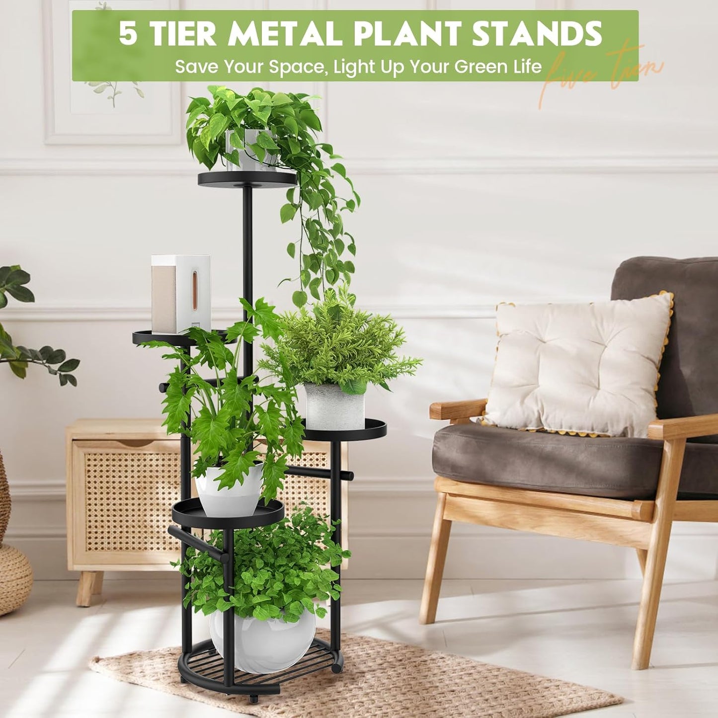 TOSKING 5 Tier Tall Plant Stand Indoor Outdoor, Heavy Duty Corner Plant Stand with Space-Saving Plant Shelf for Multiple Plants| Round Plant Table Design for Living Room Balcony Garden (Black, 38in)