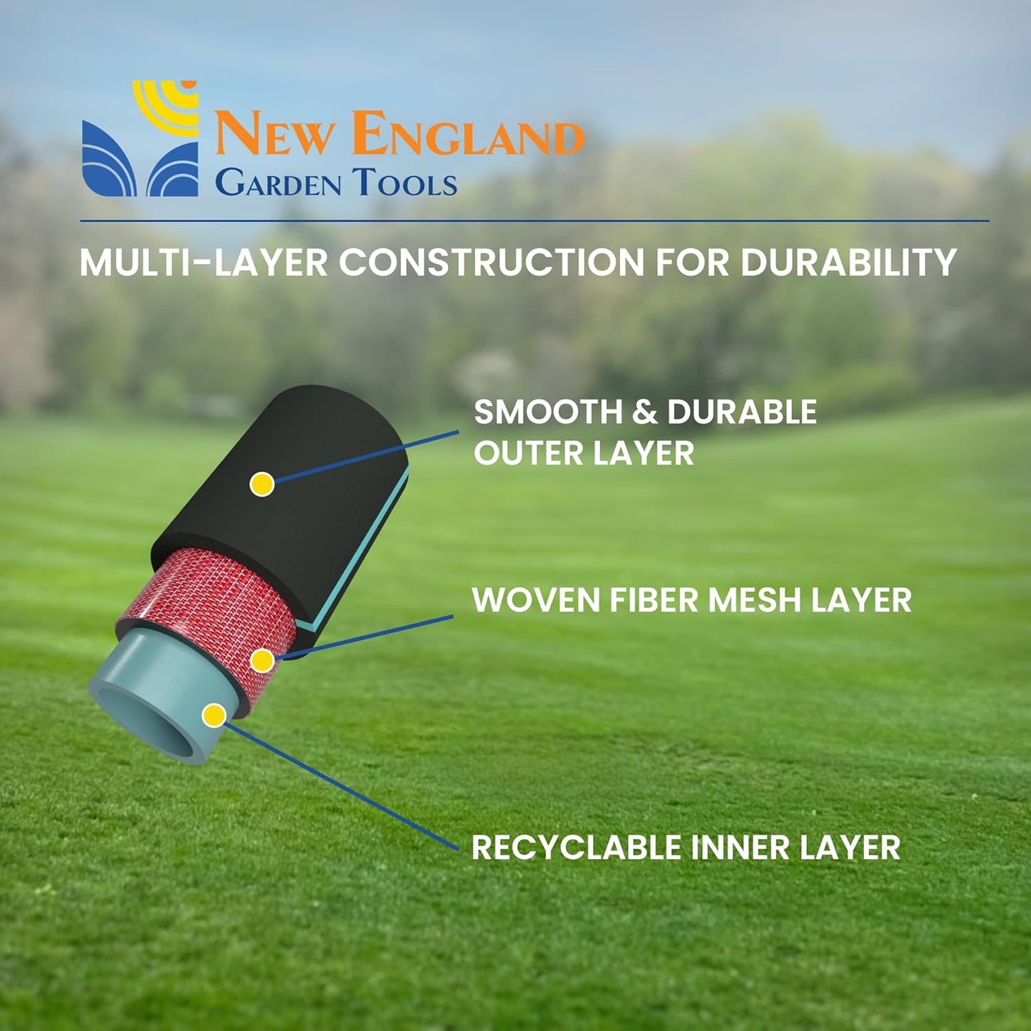 Hybrid Garden Water Hose 100 ft x 5/8”, Durable Heavy Duty Material, Kink-Free with Swivel Grips and Anodized Couplings, 700007 by New England Garden Tools