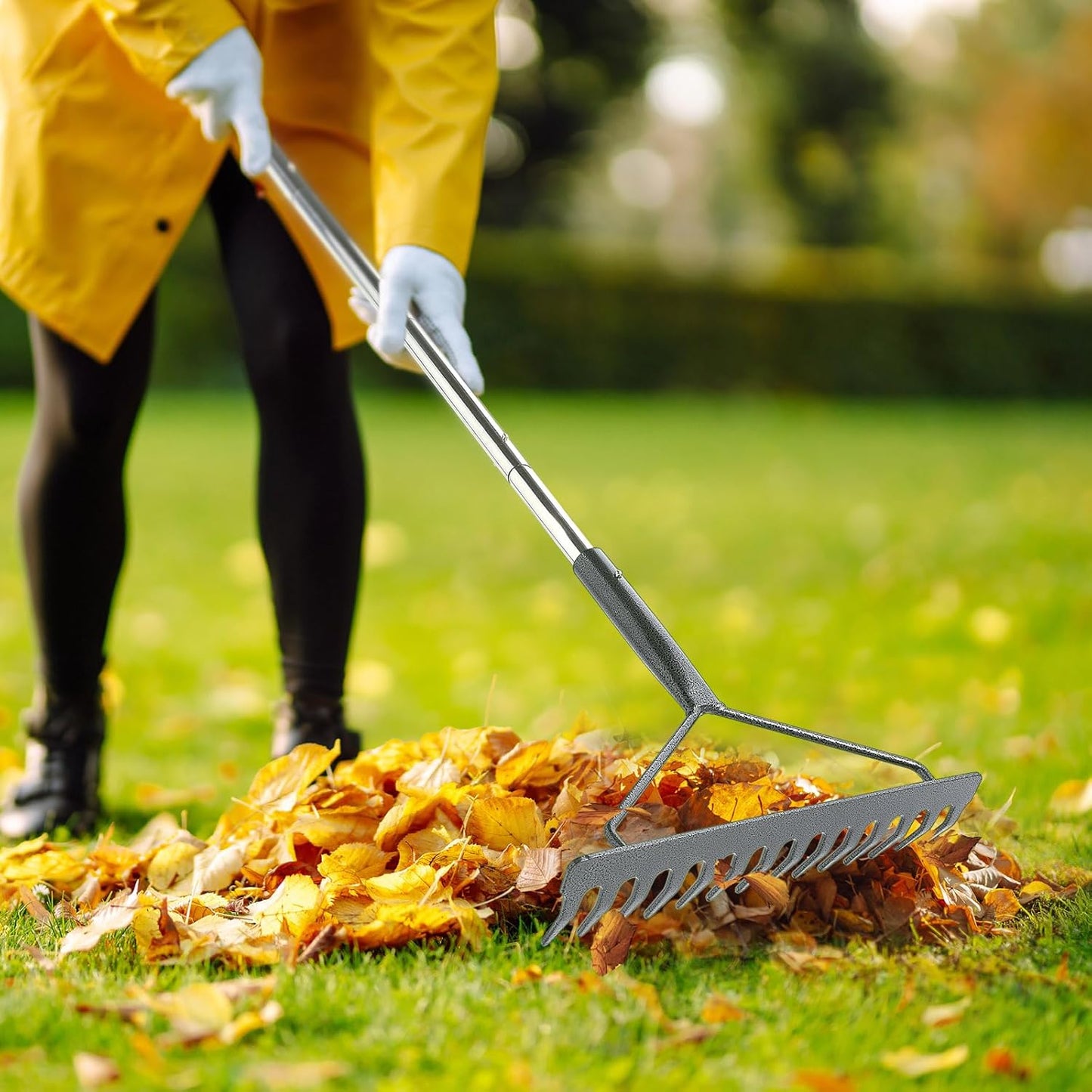 Sturdy Garden Rakes for Leaves: Metal Rake Heavy Duty Tool for Quick Clean Up of Lawn and Yard, 38’’--63’’ Adjustable Long Handle and 14Tines