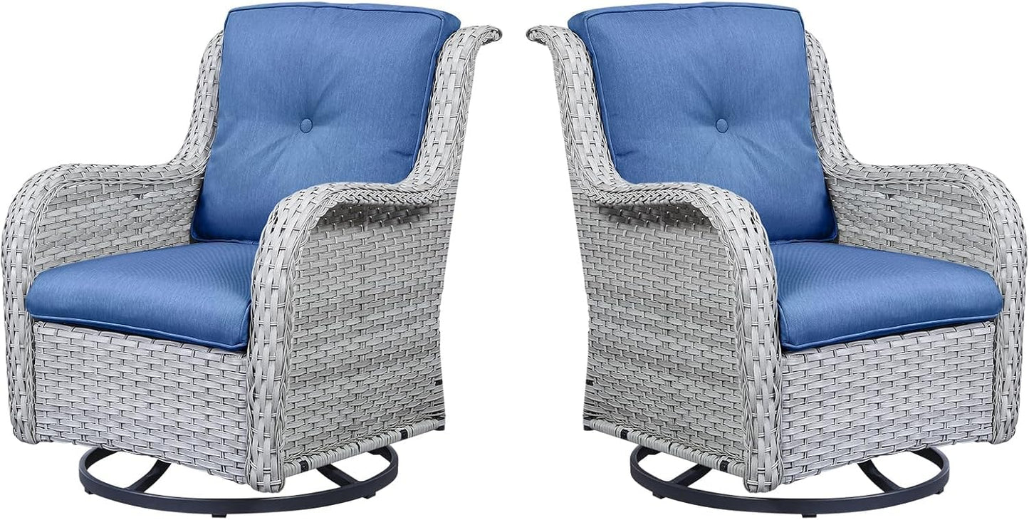 Outdoor Swivel Rcoker Patio Chairs - Outdoor Swivel Patio Chairs Set of 2 Wicker Chair Patio Furniture Sets with Covered Cushion for Porch Deck Balcony Garden, Blue Cushion