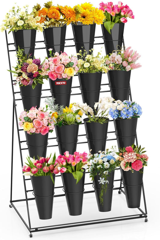 Flower Display Stand 4 Layers with 16 PCS Round Buckets, Plant Stand with Wheels, Movable Metal Plant Stand for Terrace Garden, Florist Shop
