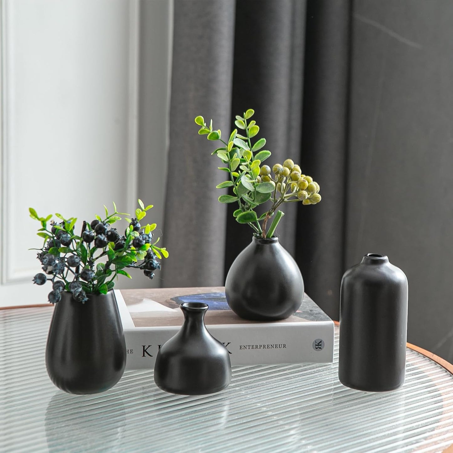 JOJUNO Black Bud Vases, Small Ceramic Vase Set of 11, Mini Pottery Vases for Flowers, Decorative Pieces for Home Modern Decor, Boho Decor, Chic Accents for Living Room Dining Table Shelves