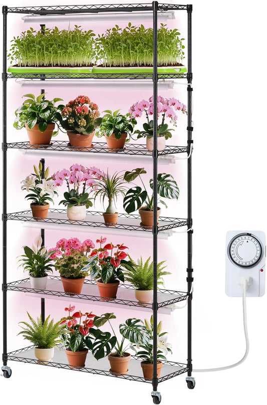 VEVOR Plant Stand with Grow Light, 6-Tier Large Tall Plant Shelf with 150W Full Spectrum Grow Light, Indoor LED Plant Light with Timer and Wheel for Seed Starting 35.4" L x 13.8" W x 70.9" H
