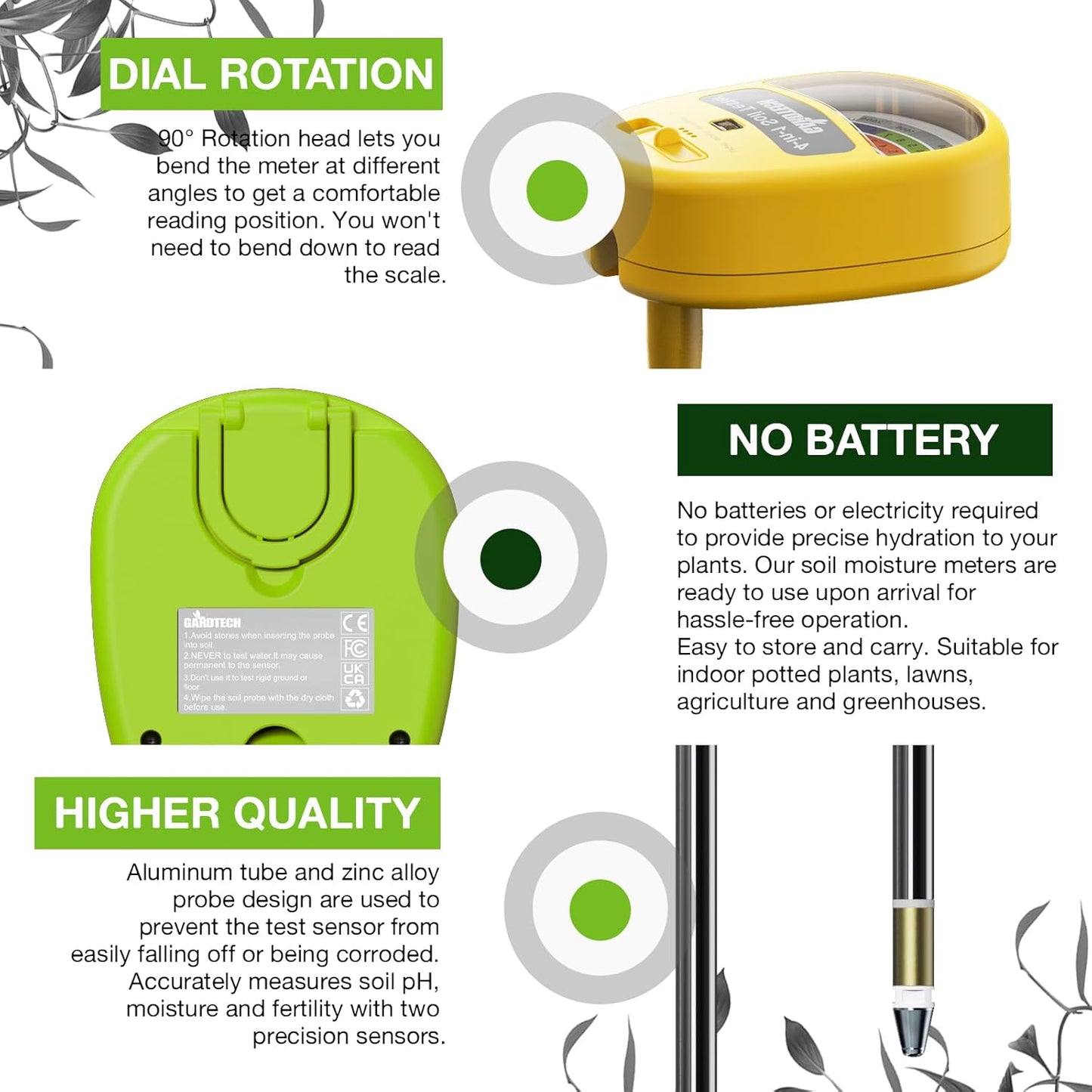 Gardtech Soil Moisture Meter - 4-in-1 Soil Test Kit Without Battery, Soil Moisture/Light/Nutrients/pH Meter for Plant, Garden, Lawn, Indoor & Outdoor（deep Green）