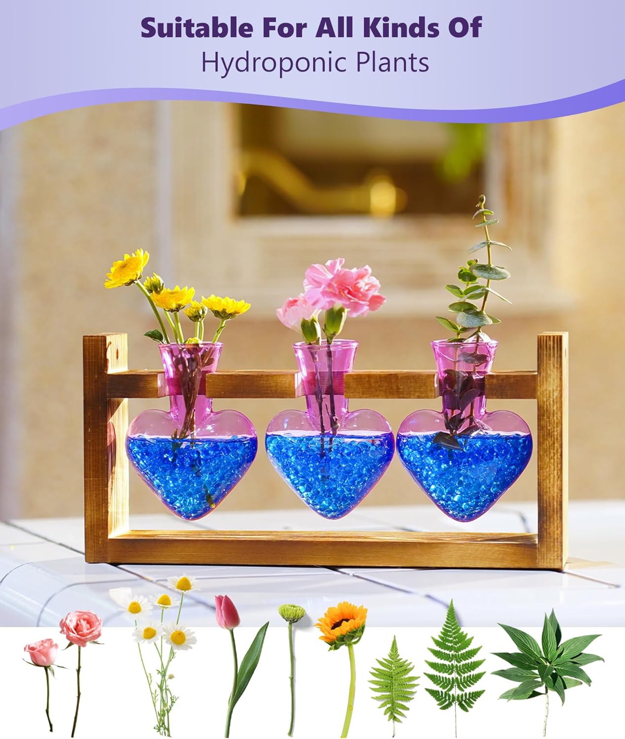 Nacome Plant Terrarium for Office Decor: Birthday Gifts for Plant Lovers Women Mom Wife - Wooden Stand Tabletop Planter 3 Bulb Glass Vase Heart Shaped for Hydroponics Indoor Home(Purple)