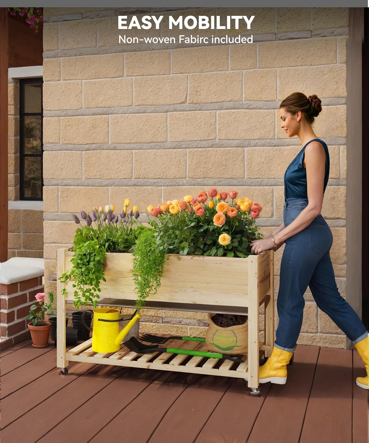 Raised Garden Bed with Legs and Wheels, Wooden Raised Planter Box with Storage Shelf, Protective Liner, Mobile Elevated Wood Planter for Backyard, Patio, Balcony Natural, 48"×24"×30"