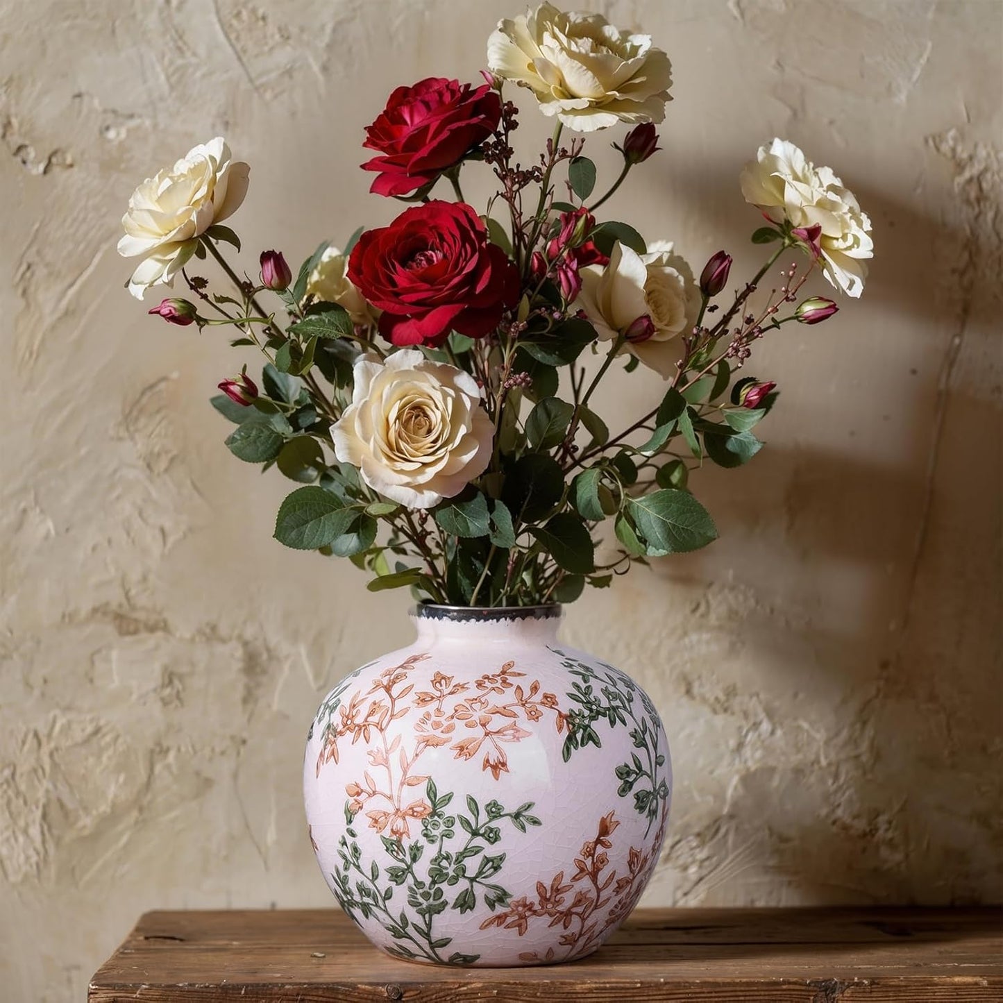 Green, White, and Brown Vintage Round vase, Chinese-Style Green Farmhouse Decorative vase, Suitable for Home Decor，Living Room, Dining Table, Office, Bookshelf, TV Cabinet, entryway Decor.