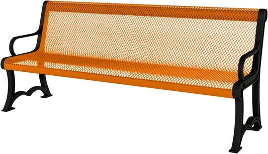 Heavy-Duty Outdoor Bench Thermoplastic Coated, Expanded Metal, Commercial-Grade Garden Bench, Made in America (Portable with Back, 4 Ft, Textured Orange)