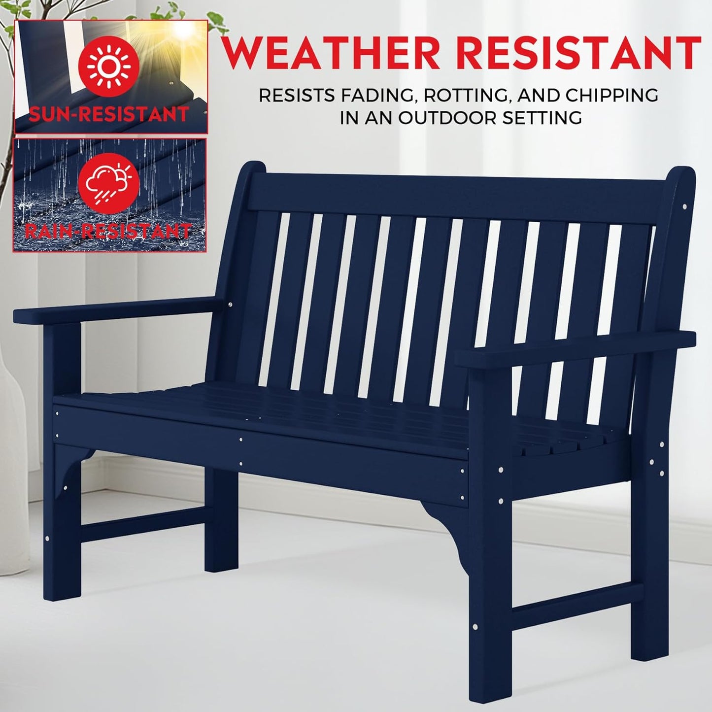 Garden Bench, Farmhouse Park Front Porch for Entryway Bench Outdoor Seating Low Bench Patio Bench Outside/Indoor, Navy Blue