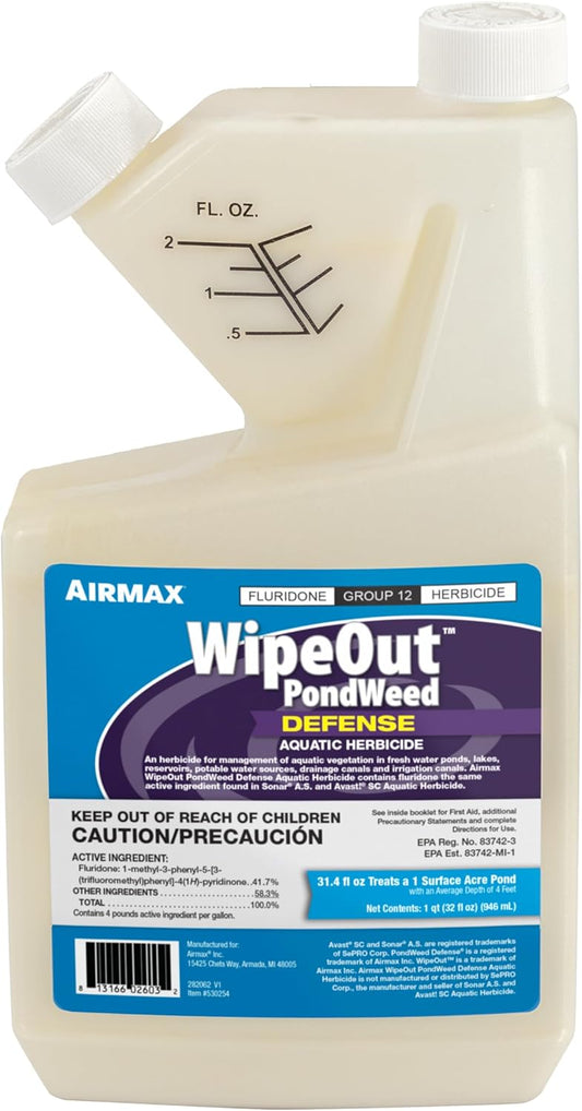 Airmax Wipeout Pond Weed Defense, Herbicide & Aquatic Weed Control, Controls Duckweed & Other Unwanted Submerged & Floating Vegetation, Easy-to-Use & Long Lasting, All-Season Treatment - 32 Ounce