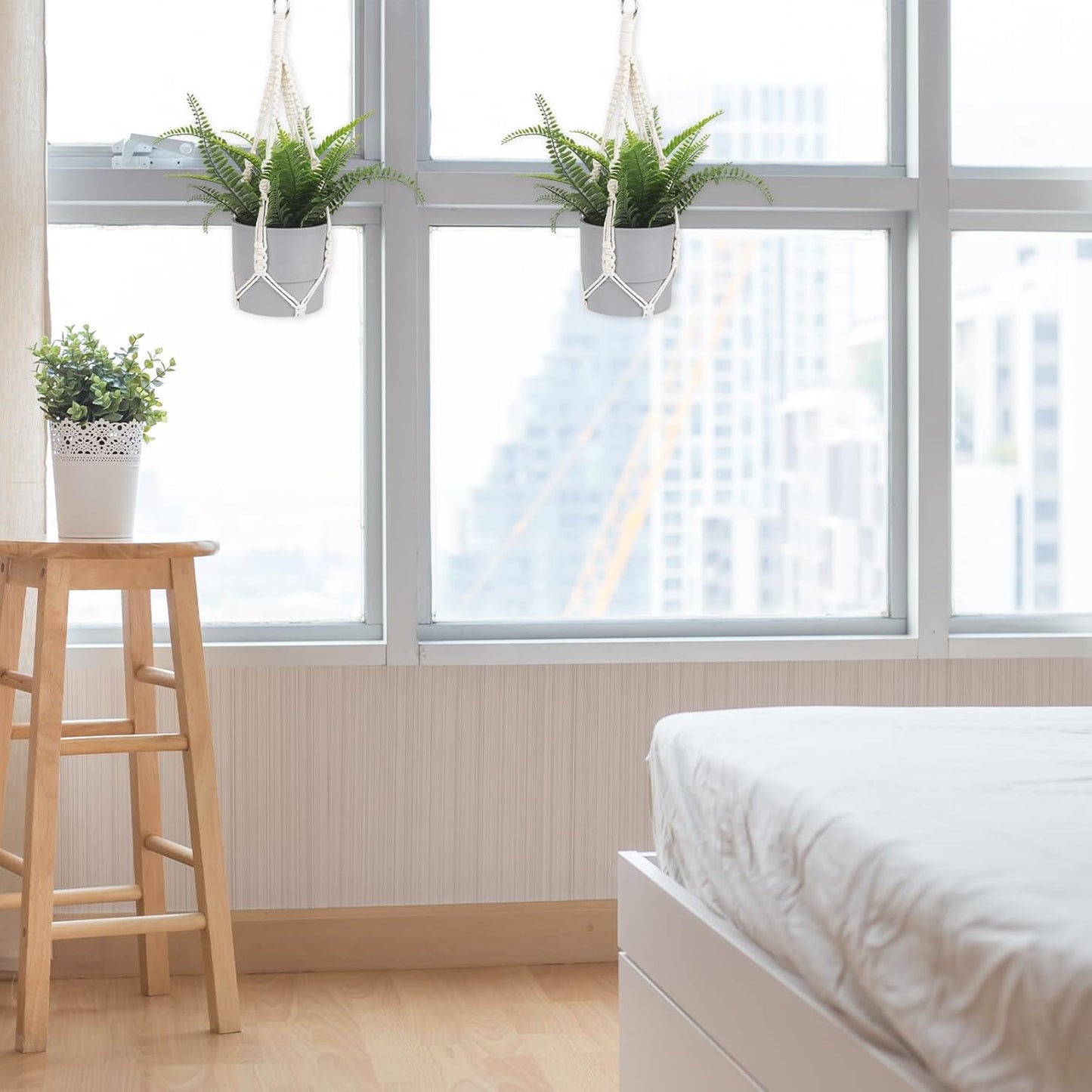 Macrame Plant Hanger, 2 Pack Boho Hanging Planters Baskets for Indoor Plants Decorative Braided Cotton Rope Flower Pot Holder with Metal Hook Rings for Outdoor Home Decor, No Tassels, Ivory, 20 Inchs