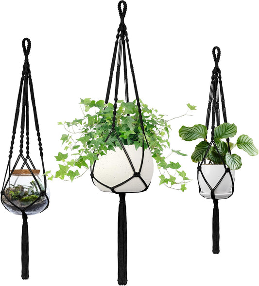 Macrame Plant Hanger, 34"/41"/46" 3 Sizes, Hanging Planters for Indoor Outdoor Plants, Flower Pot Holder with Wood Beads & Tassels for Boho Home Decor, 3 Pack, Black